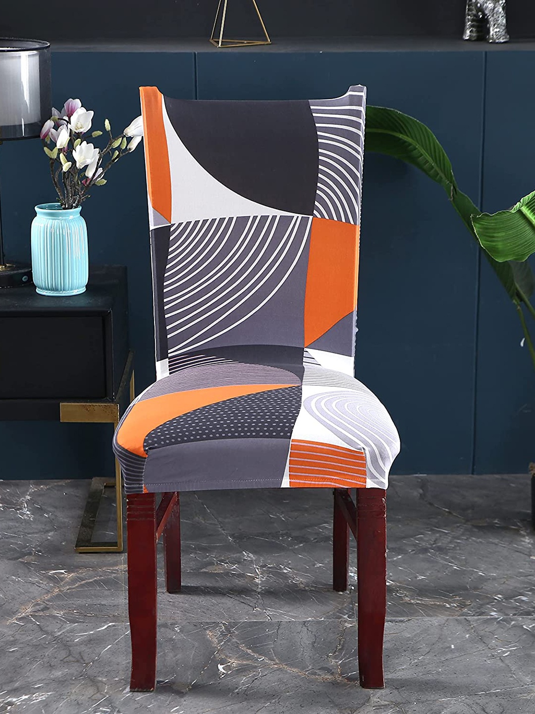 

HOUSE OF QUIRK Grey & Orange Set Of 4 Printed Removable Chair Covers