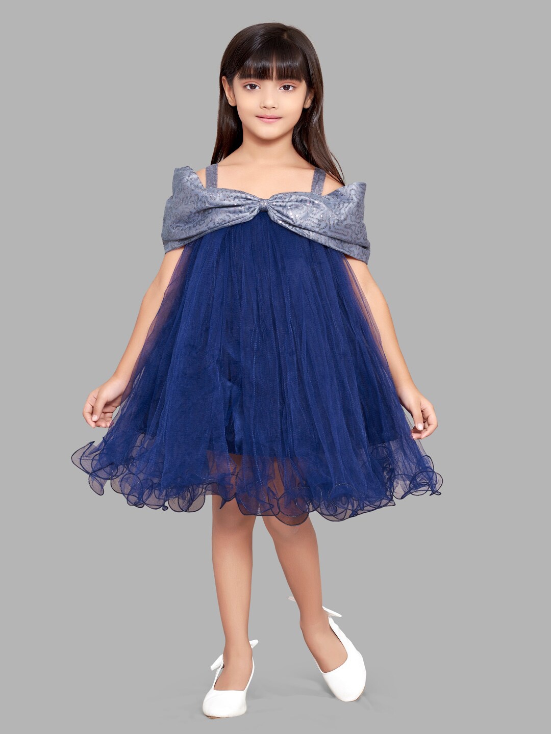 

Pink Chick Girls Shoulder Strap Net A-Line Dress, Navy blue