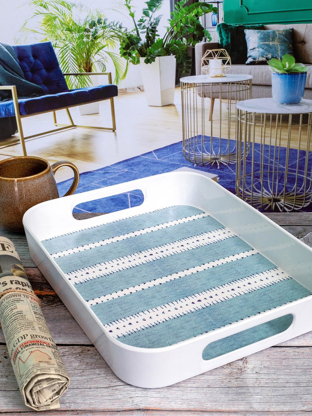 

GOODHOMES White and Blue Printed Melamine Rectangular Serving Tray