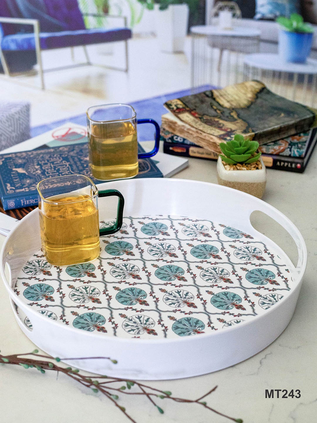 

GOODHOMES White and Green Printed Melamine Round Serving Tray
