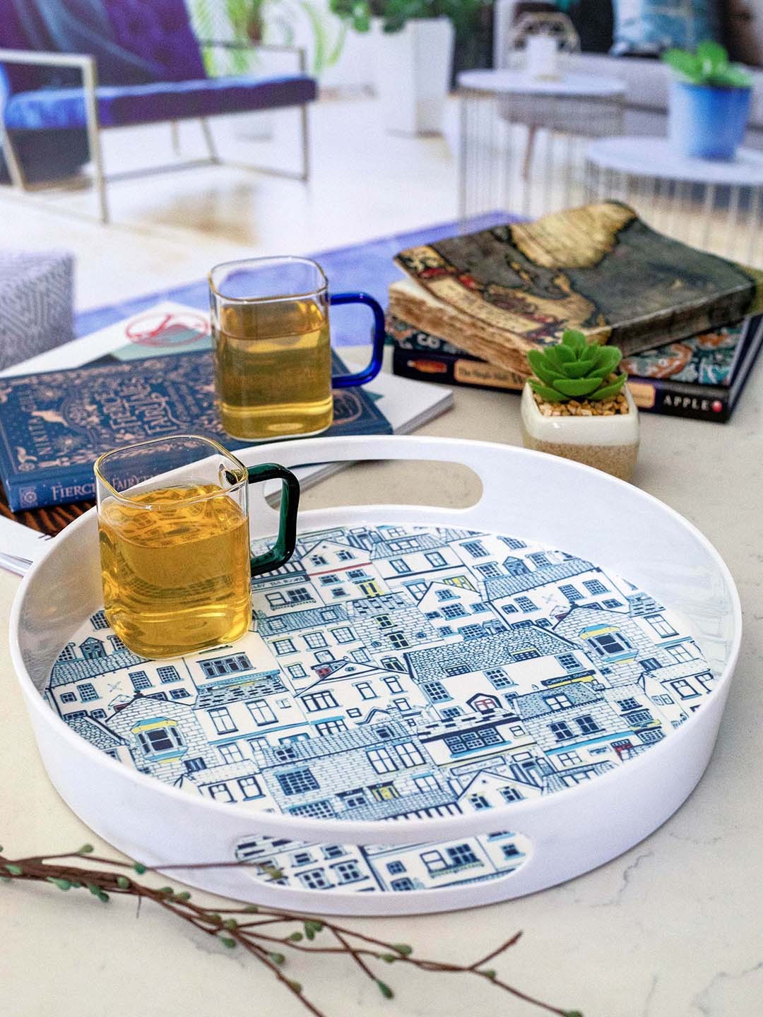 

GOODHOMES White and Blue Printed Melamine Round Serving Tray
