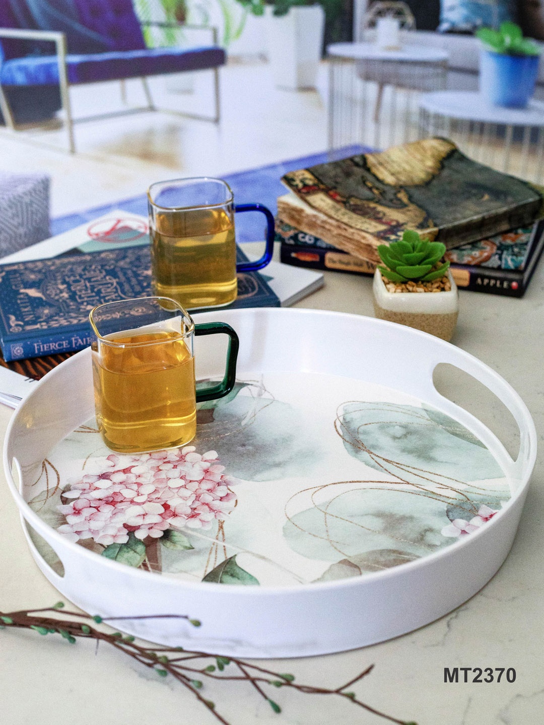 

GOODHOMES White and Pink Printed Melamine Round Serving Tray