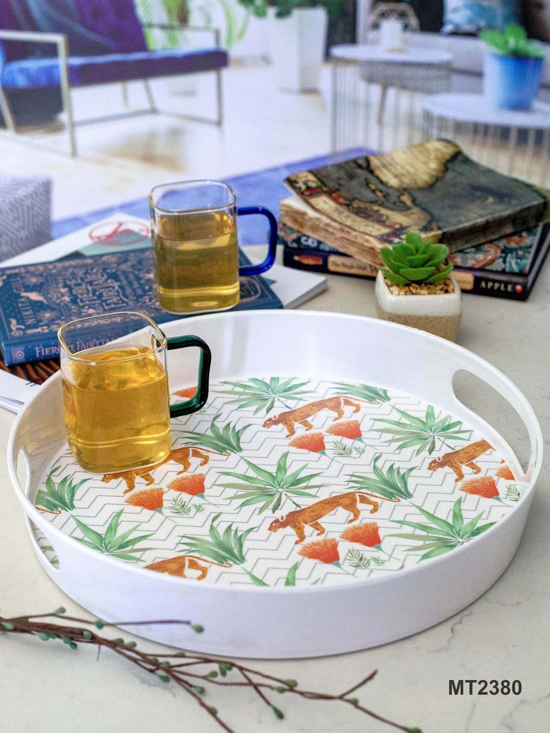 

GOODHOMES White and Orange Printed Melamine Round Serving Tray