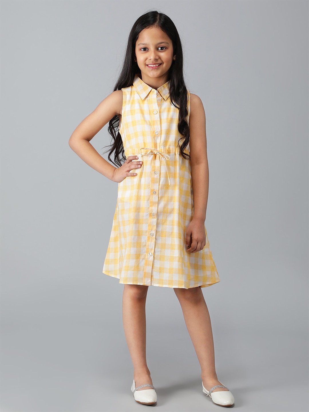 

misbis Tie-Up Detailed Checked Shirt Cotton Dress, Yellow