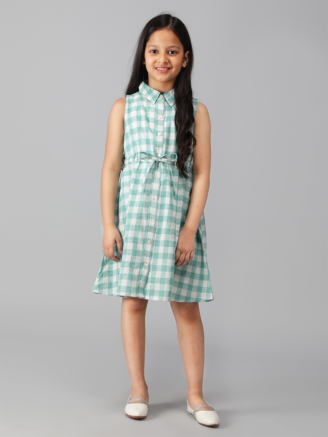 

misbis Tie-Up Detailed Checked Shirt Cotton Dress, Green