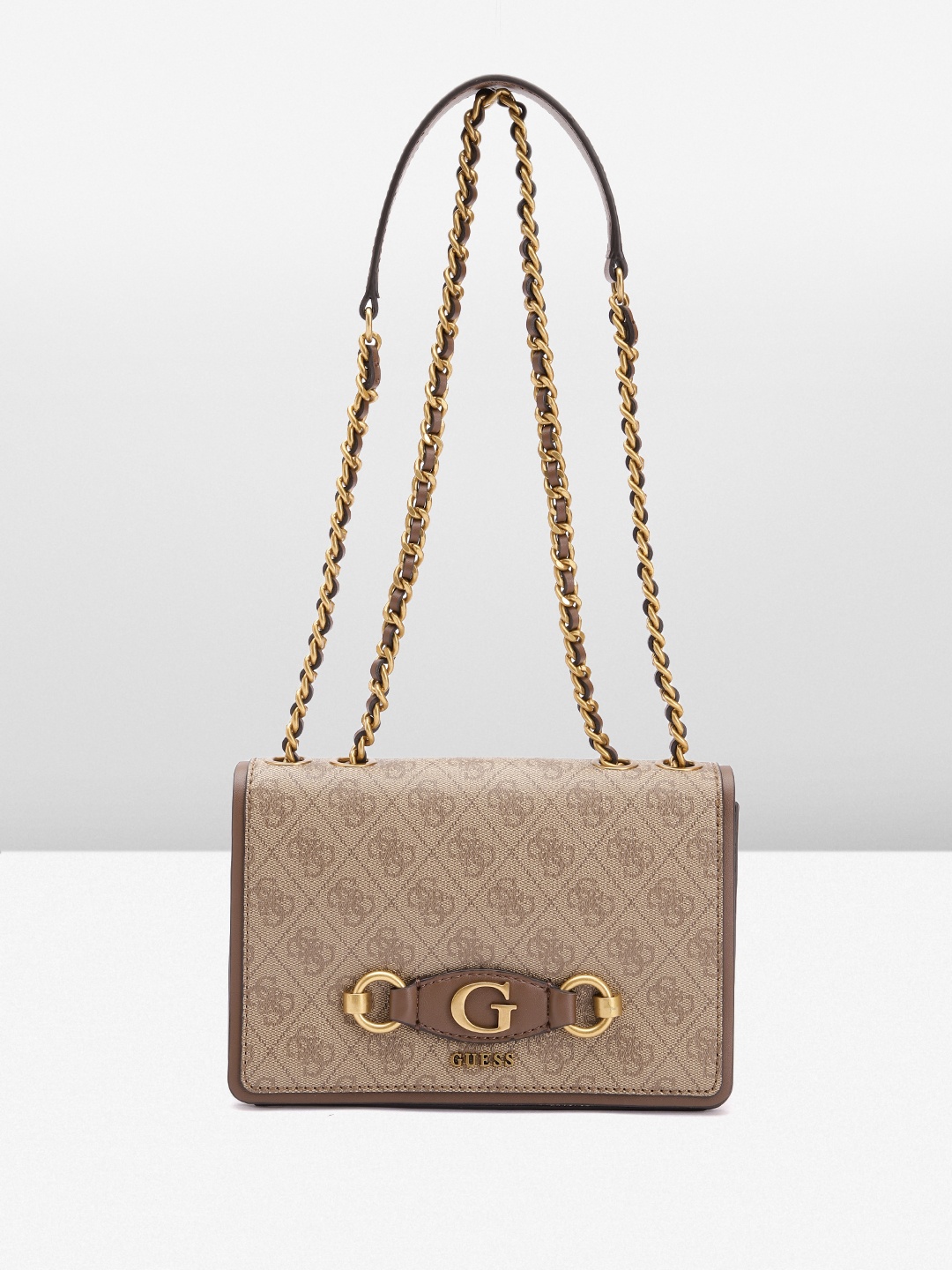 

GUESS Brand Logo Printed Structured Shoulder Bag, Brown