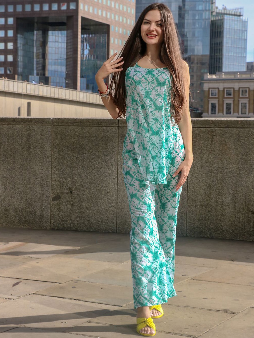 

HOUSE OF JAMOTI Women Tie & Dye Printed Pure Cotton Co-Ords Set, Sea green