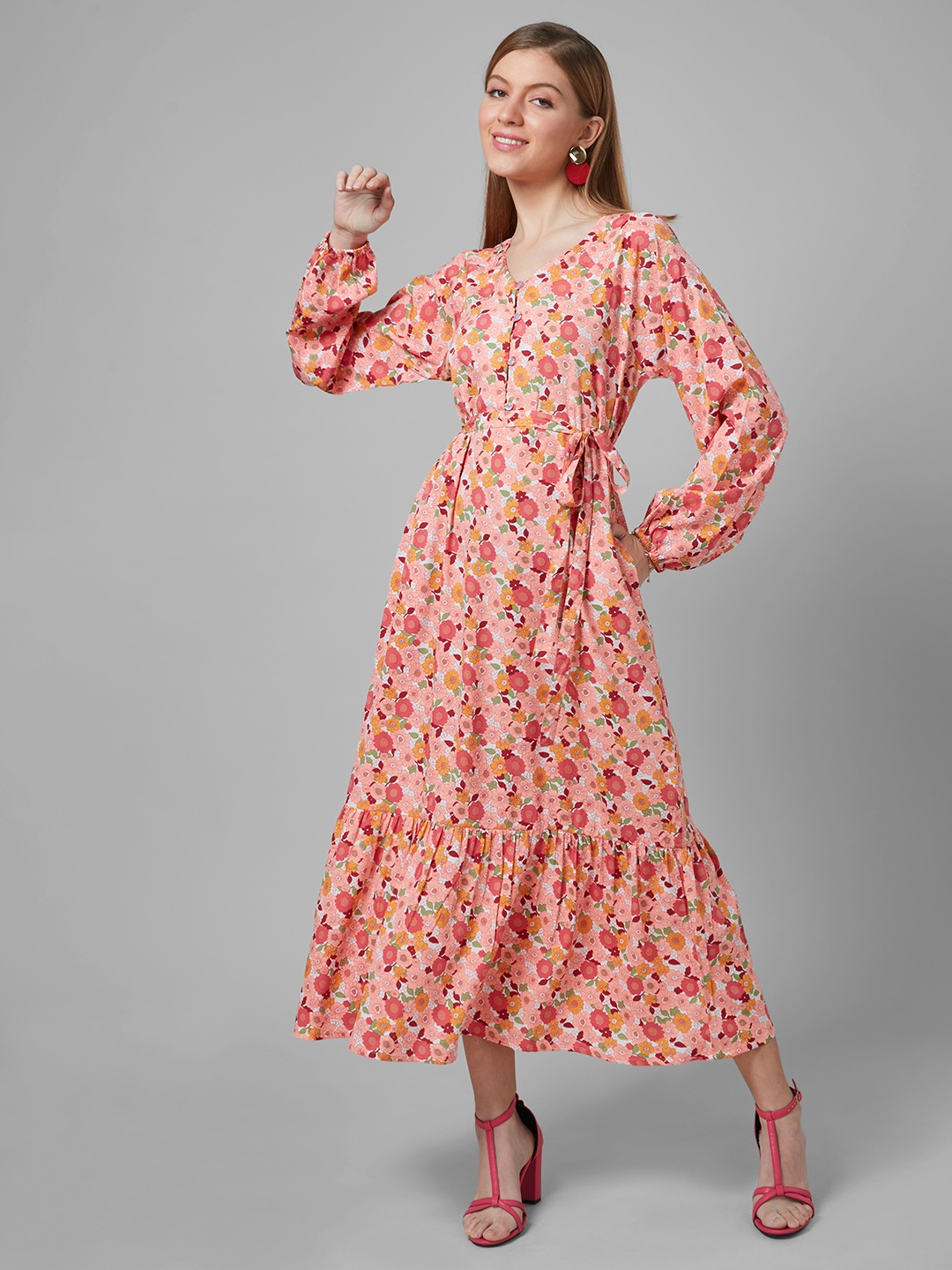 

Style Quotient Women Floral Polyester Fit & Flare Smart Casual Maxi Dress, Peach