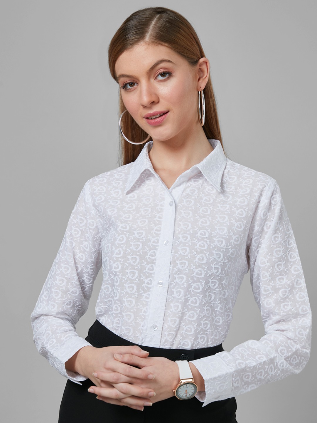 

Style Quotient Women Schiffli Cotton Regular Formal Shirt, White
