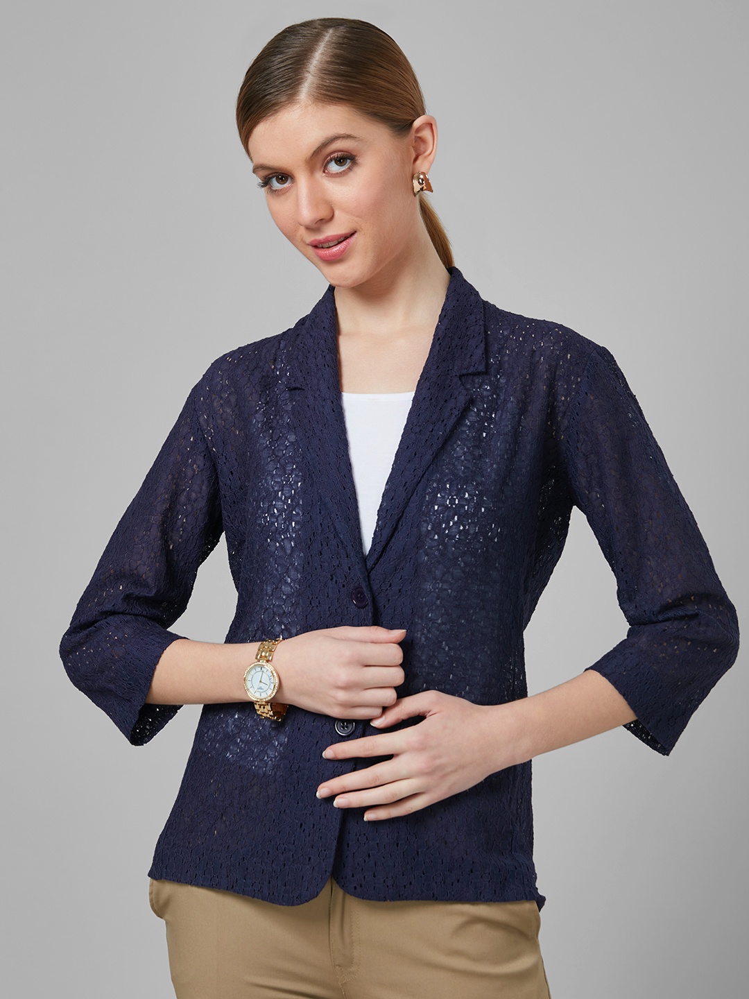 

Style Quotient Women Self Design Floral Lace Tailored Smart Casual Jacket, Navy blue