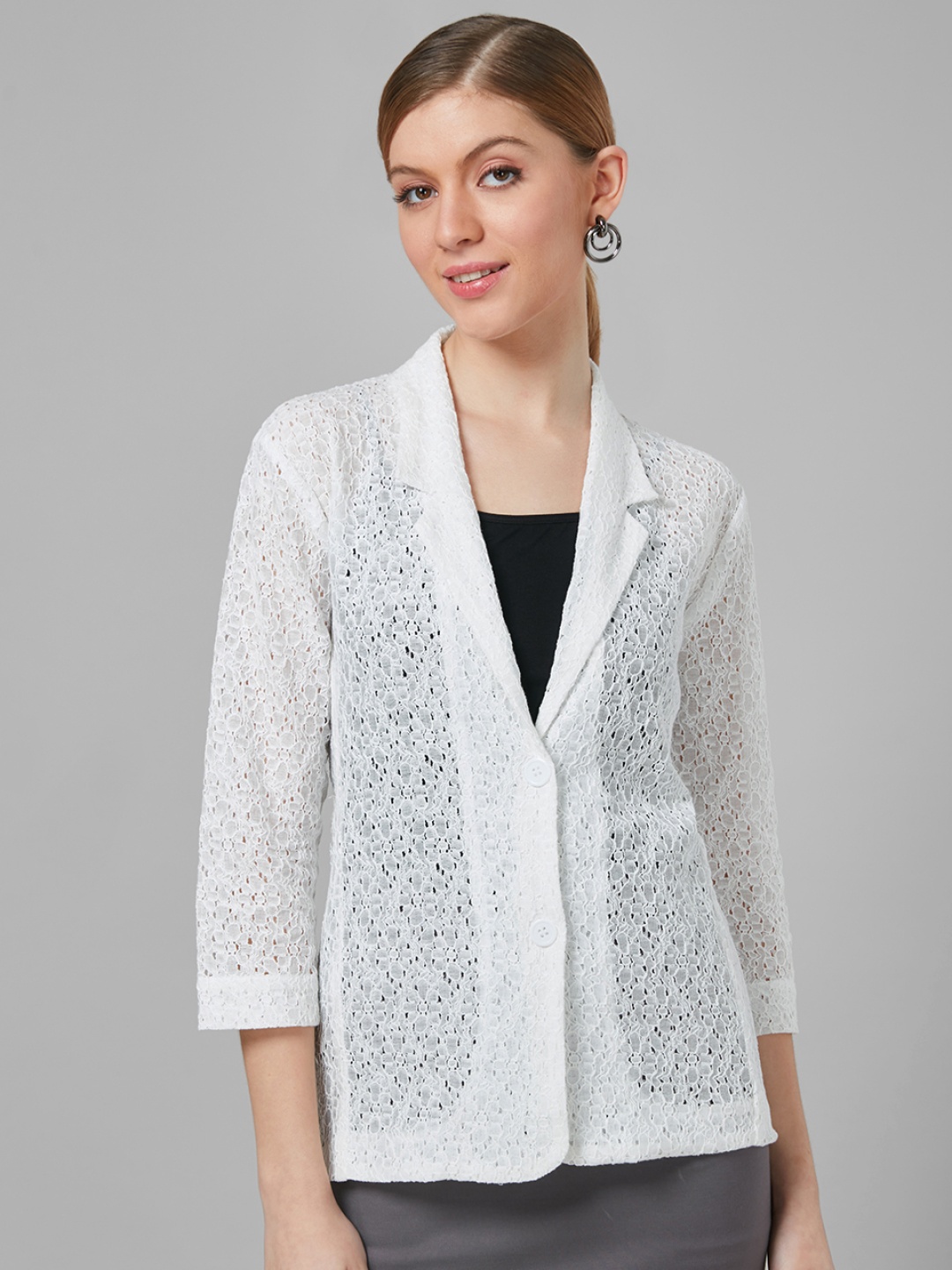

Style Quotient Women Self Design Floral Lace Tailored Smart Casual Jacket, White