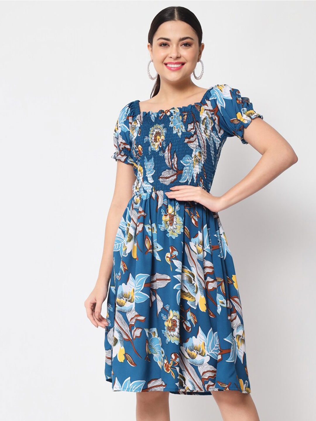

Kannan Floral Printed Smocked Puff Sleeves Fit & Flare Dress, Blue