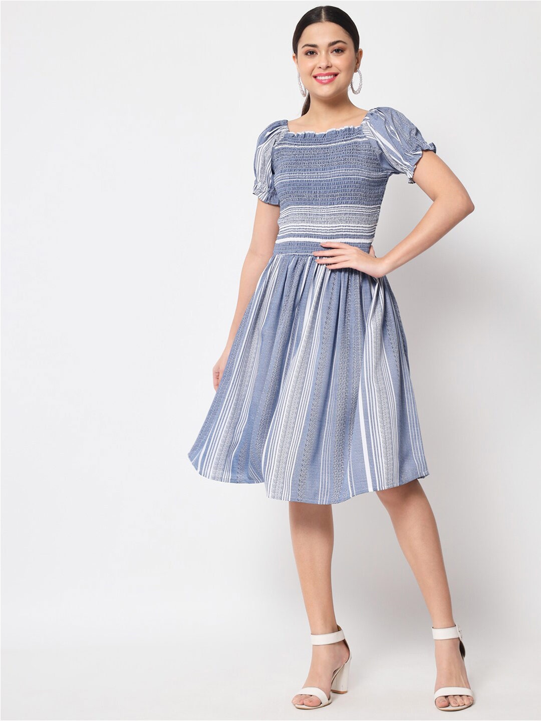 

Kannan Striped Smocked Detailed Fit & Flare Dress, Blue