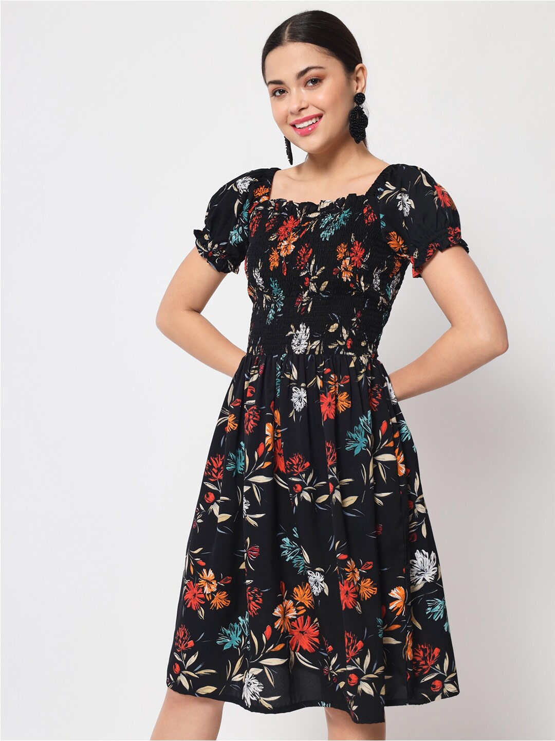 

Kannan Floral Printed Smocked Detailed Fit & Flare Dress, Black
