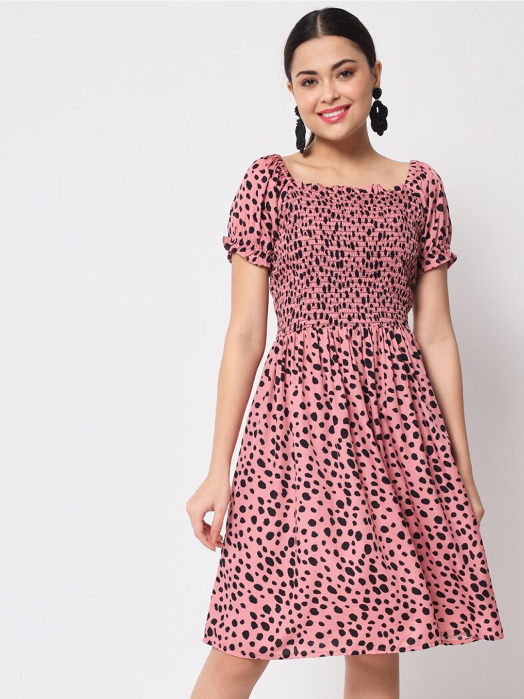 

Kannan Animal Printed Smocked Detailed Fit & Flare Dress, Pink