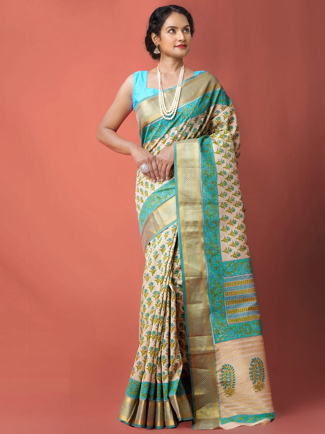 

Unnati Silks Floral Zari Maheshwari Saree, Cream