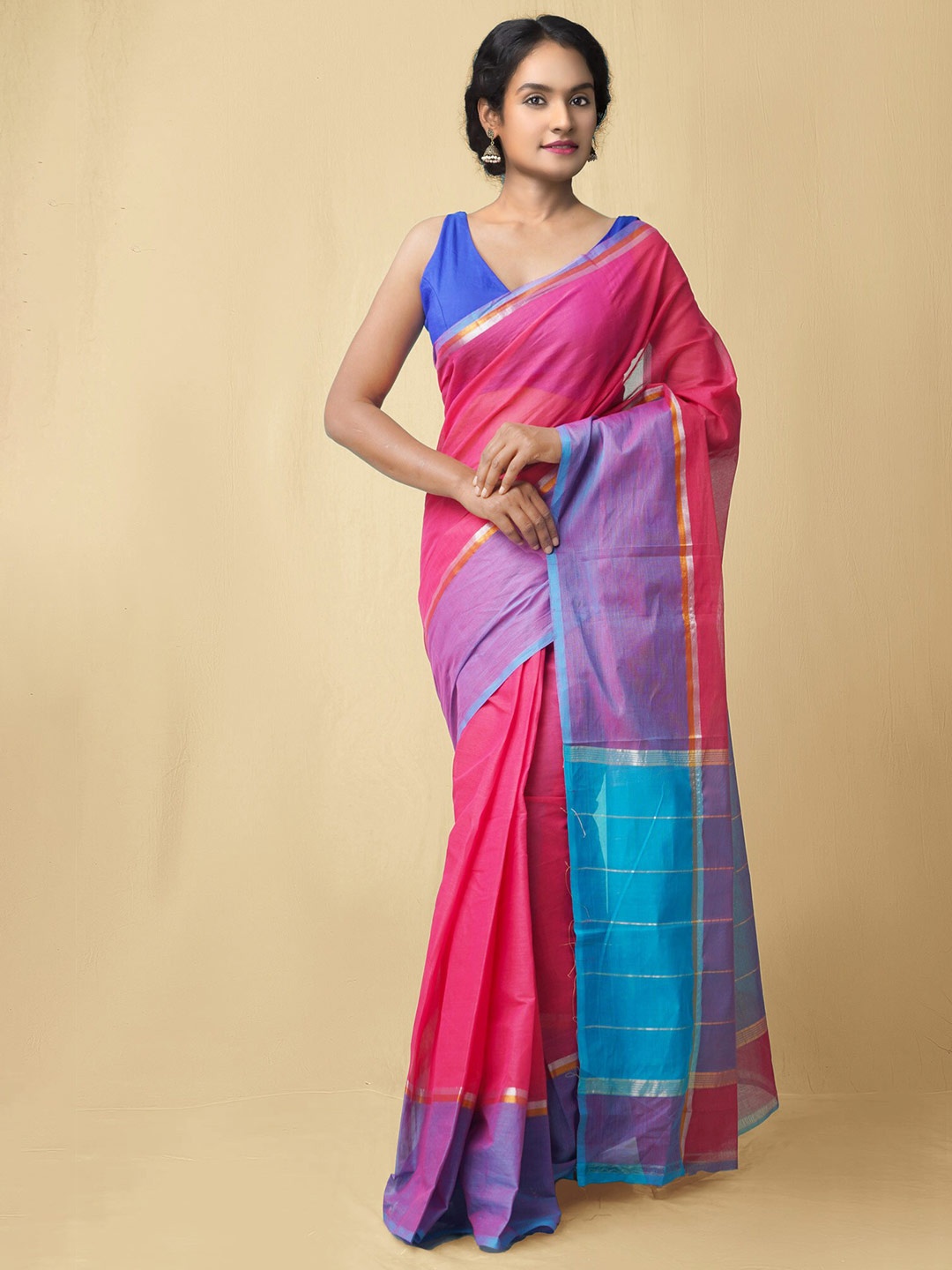 

Unnati Silks Zari Pure Cotton Mangalagiri Saree, Pink