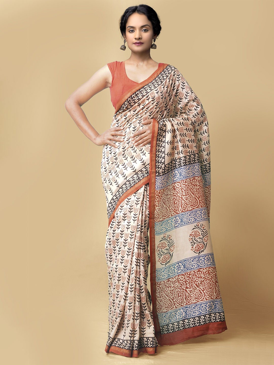 

Unnati Silks Ethnic Motifs Zari Silk Cotton Chanderi Saree, Beige