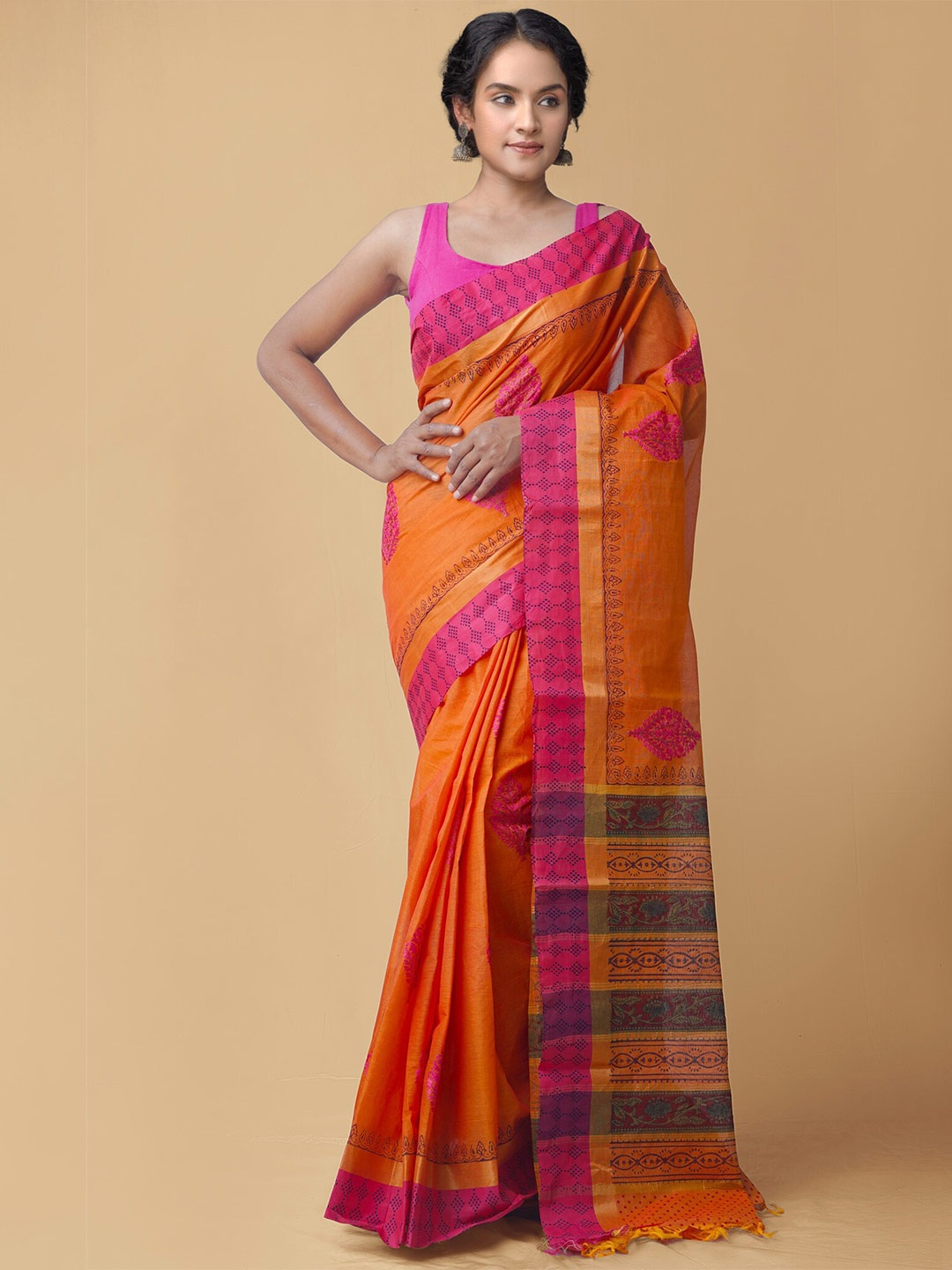 

Unnati Silks Ethnic Motifs Embroidered Pure Cotton Mangalagiri Saree, Orange