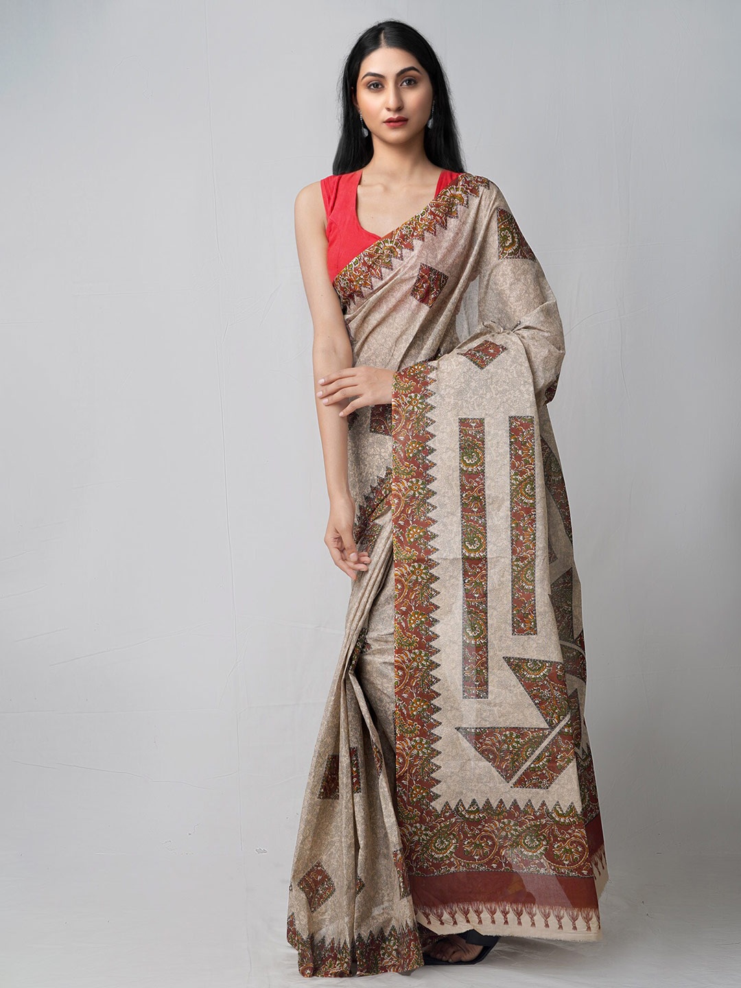 

Unnati Silks Floral Pure Cotton Block Print Saree, Green