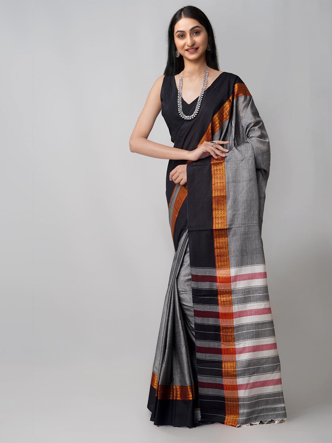 

Unnati Silks Zari Pure Cotton Narayan Peth Saree, Grey