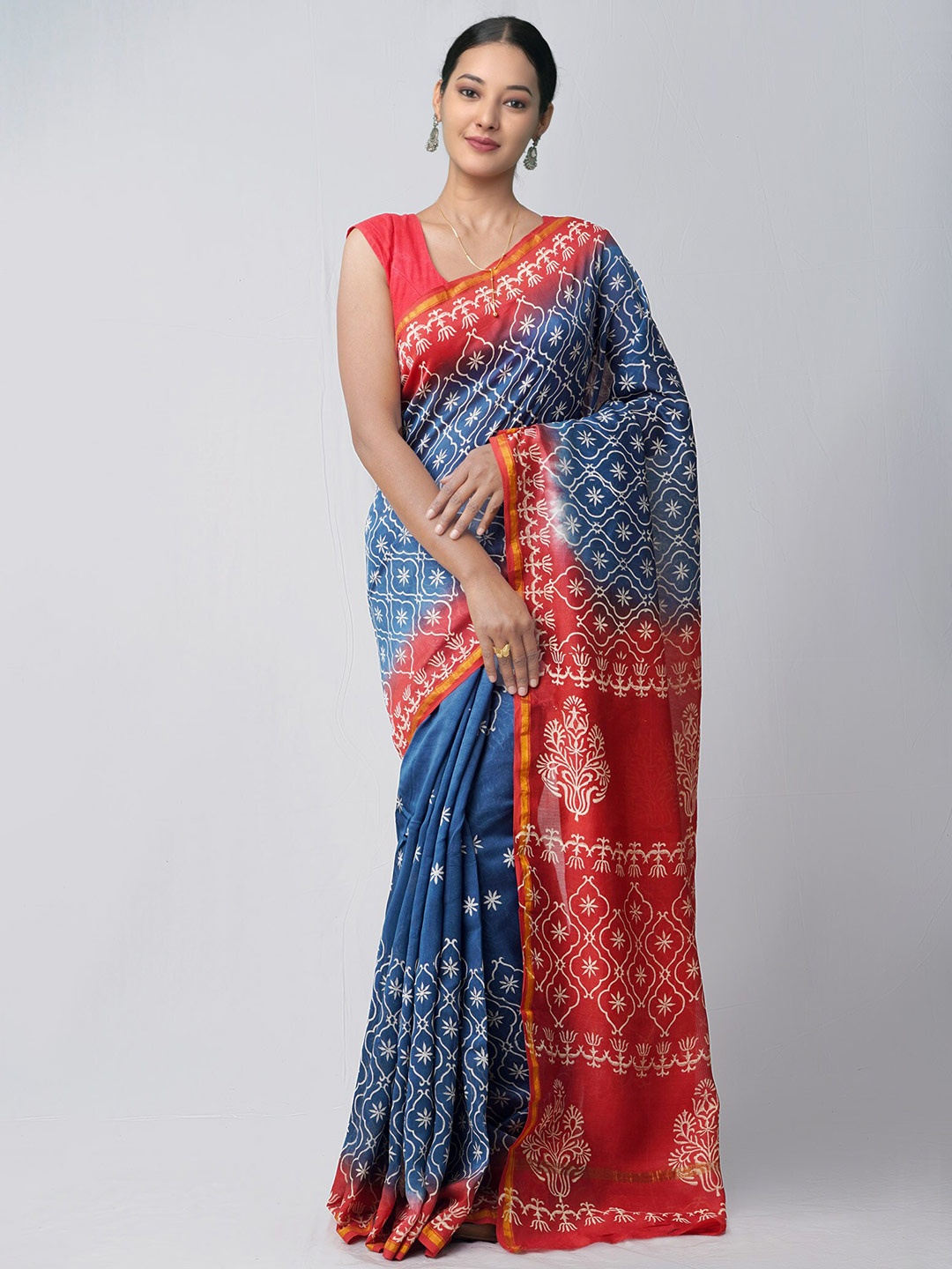 

Unnati Silks Ethnic Motifs Zari Silk Cotton Chanderi Saree, Blue