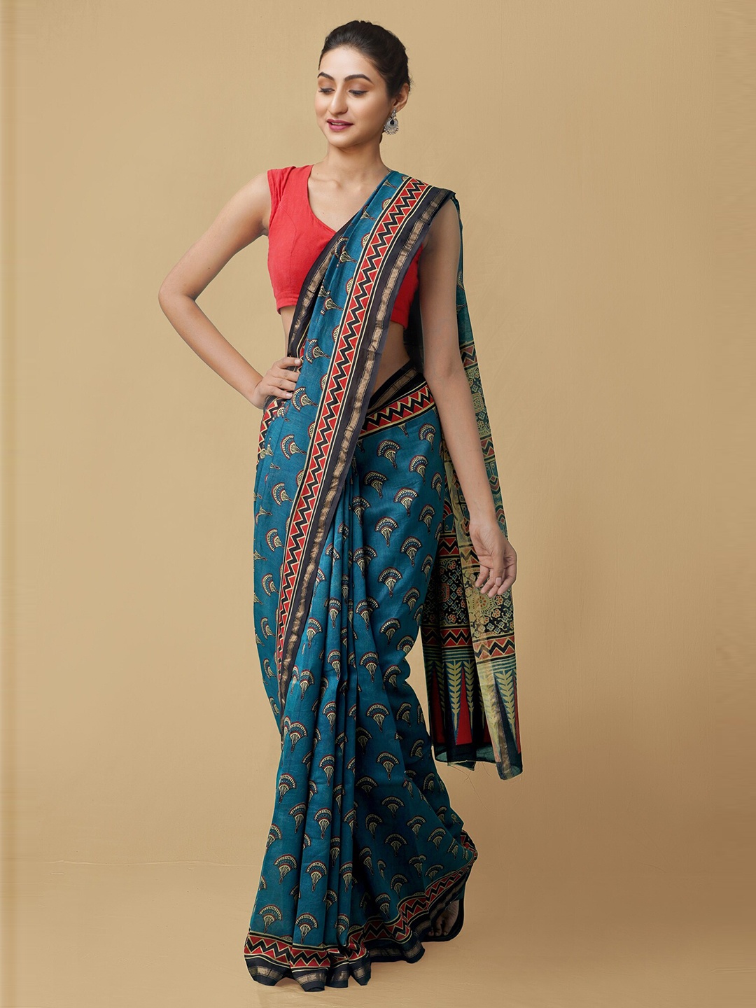 

Unnati Silks Ethnic Motifs Zari Chanderi Saree, Blue