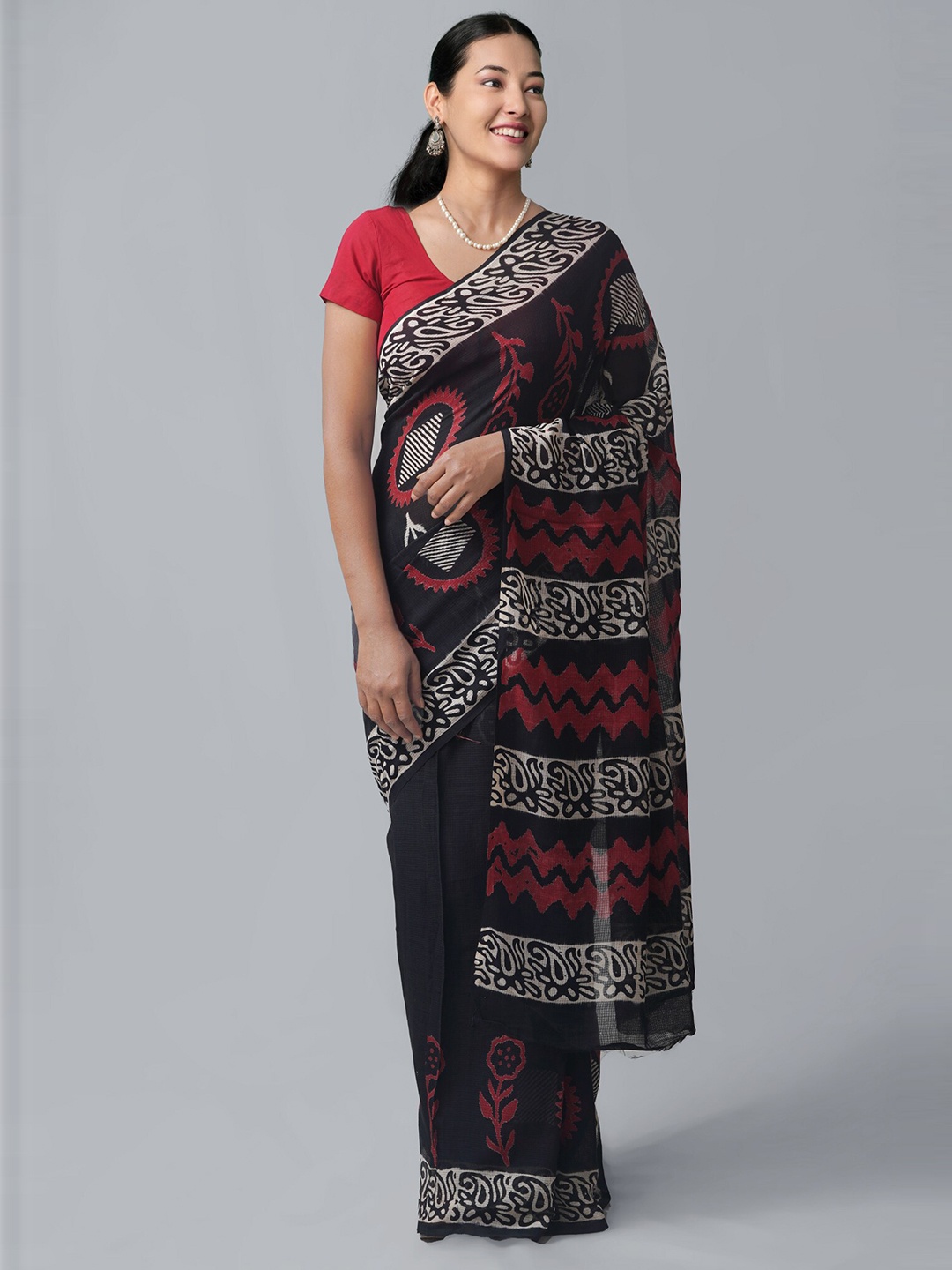 

Unnati Silks Paisley Printed Pure Cotton Handloom Kota Saree, Black