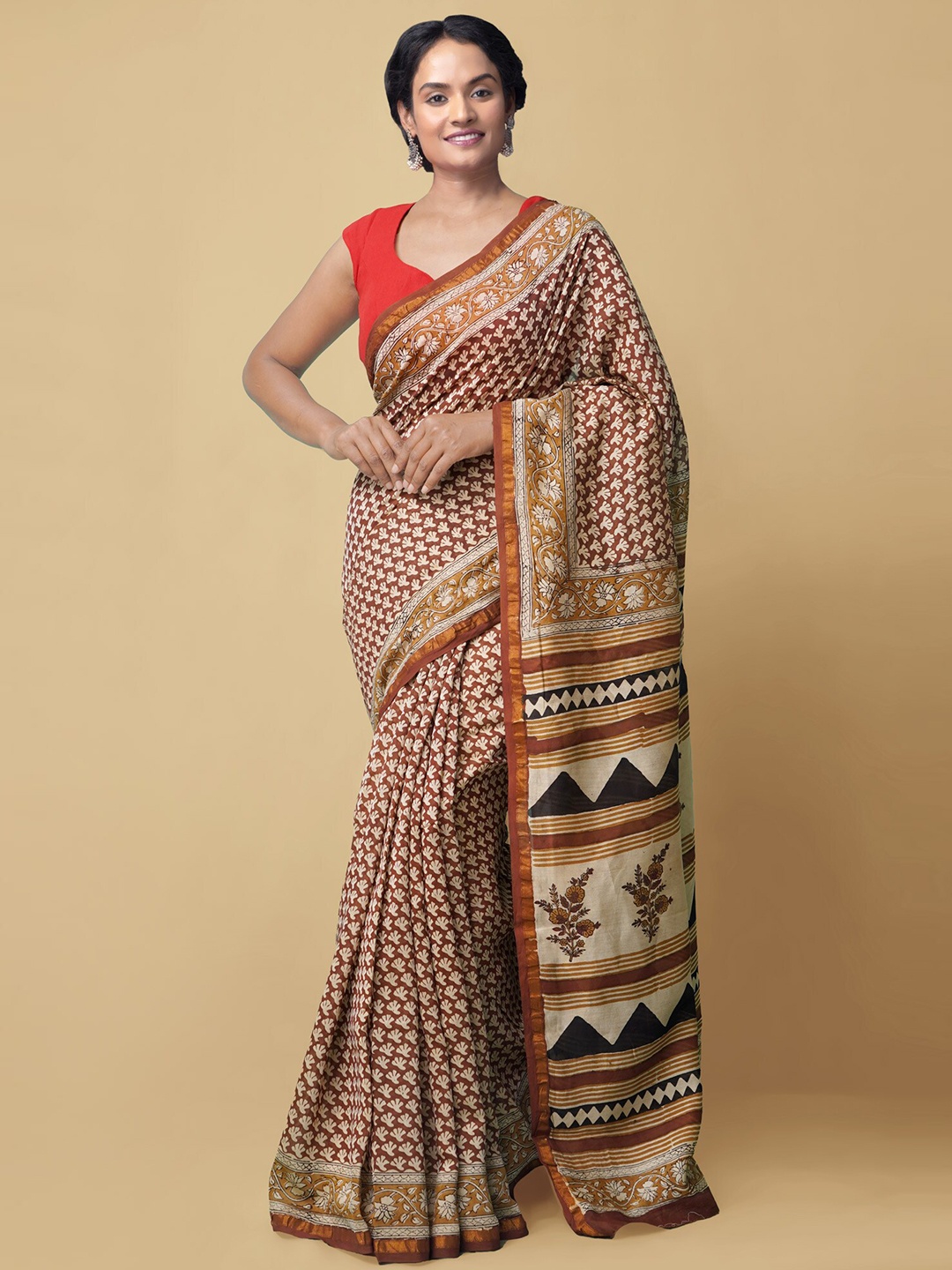 

Unnati Silks Floral Printed Zari Handloom Chanderi Saree, Brown