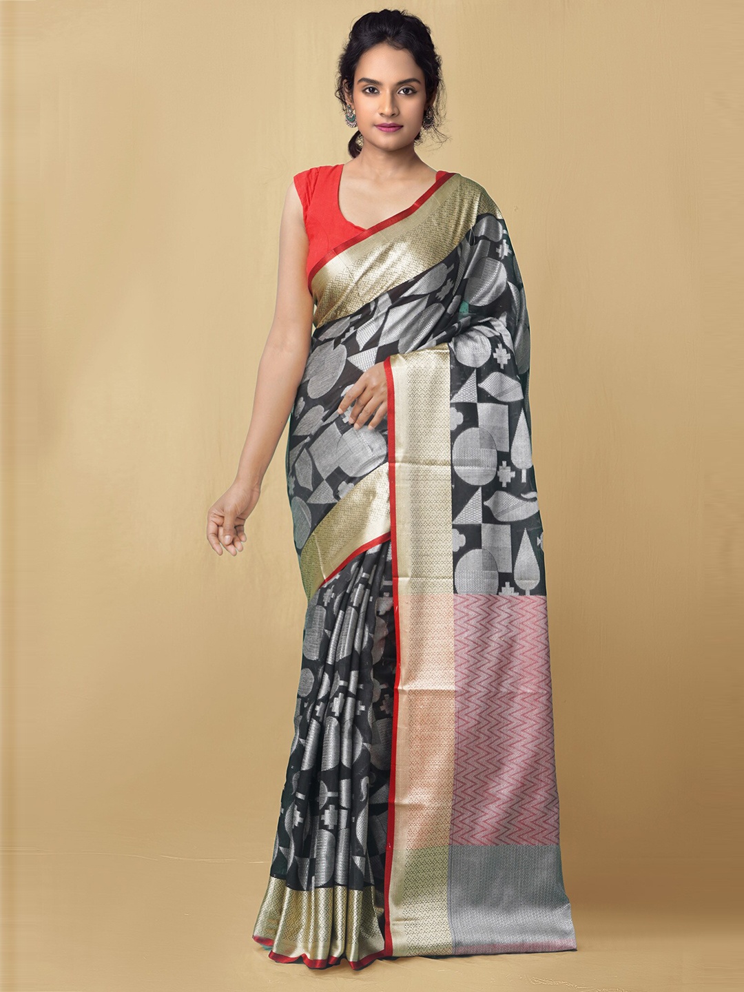 

Unnati Silks Woven Design Zari Handloom Sustainable Baluchari Saree, Black