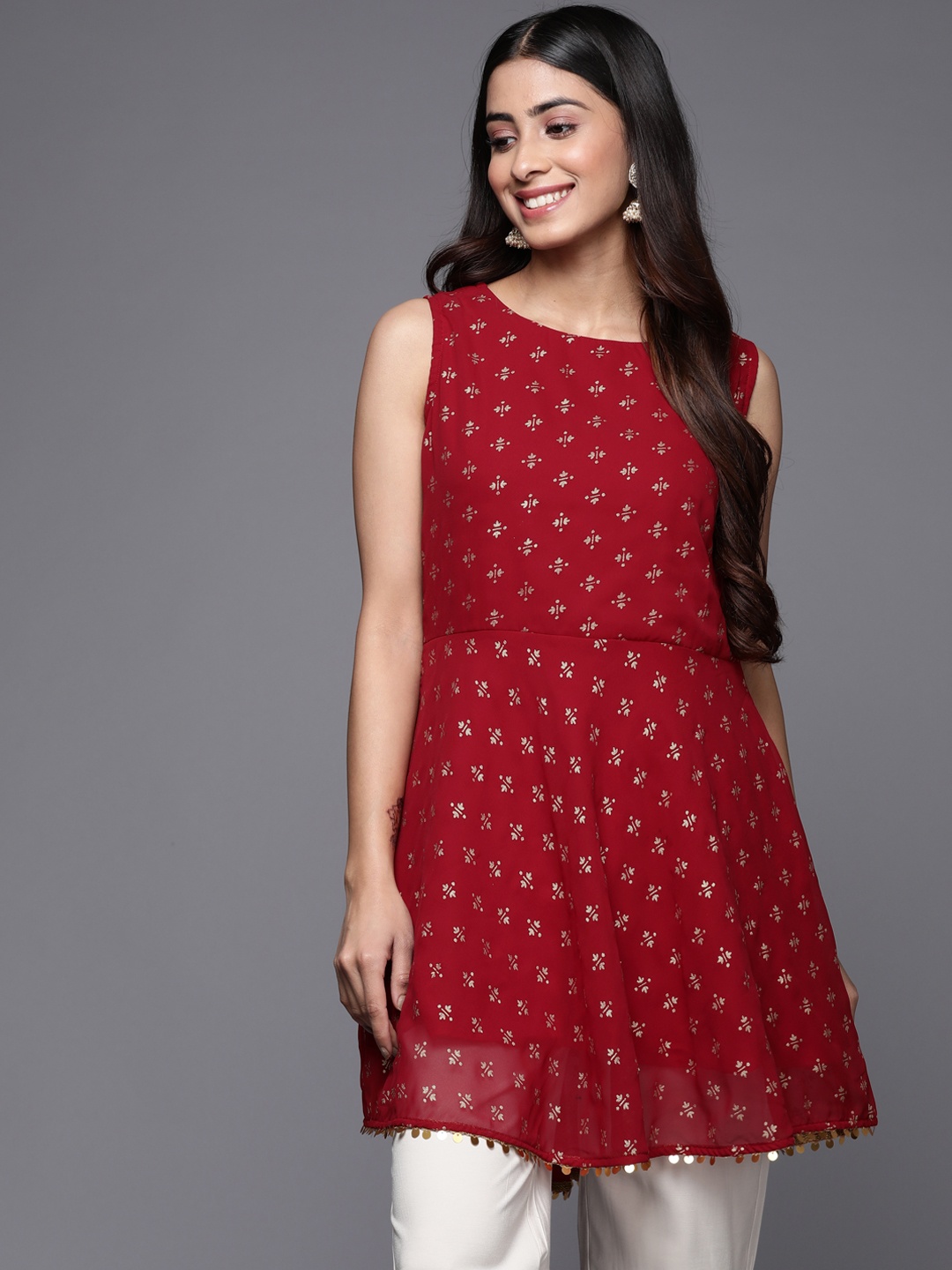 

Ahalyaa Boat Neck Printed Embellished Tunic, Red