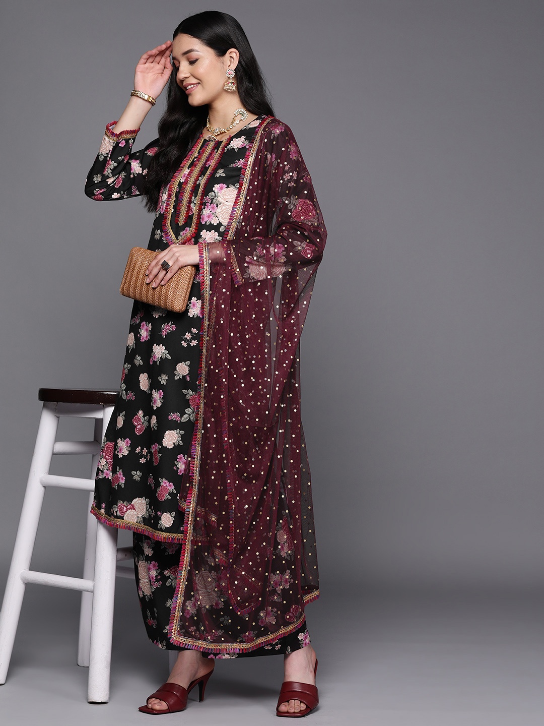 

Ahalyaa Women Black Floral Printed Gotta Patti Kurta with Palazzos & With Dupatta