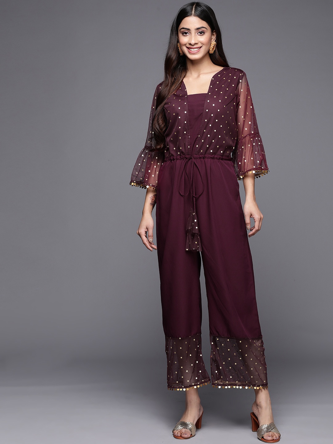 

Ahalyaa Printed Bell Sleeves Crepe Basic Jumpsuit With Waist Tie-Ups, Burgundy