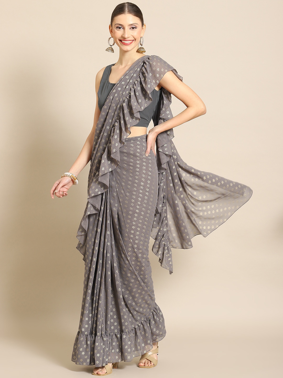 

Ahalyaa Floral Ready To Wear Ruffles Saree, Grey