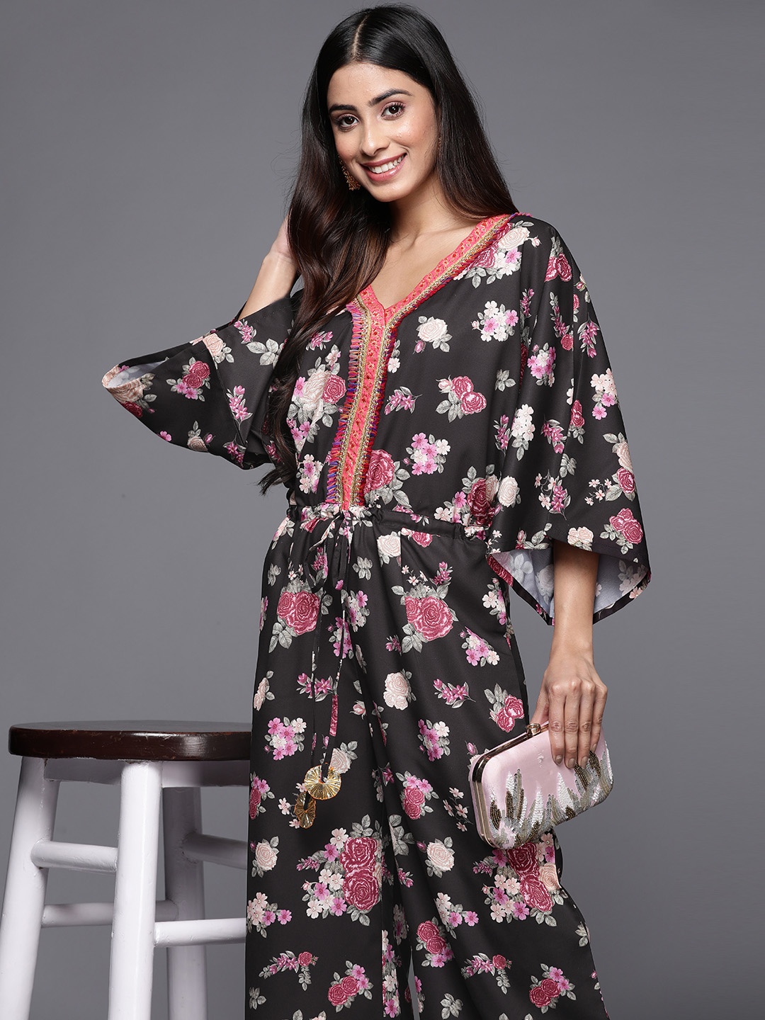 

Ahalyaa Printed Crepe Basic Jumpsuit With Lace Inserts, Black