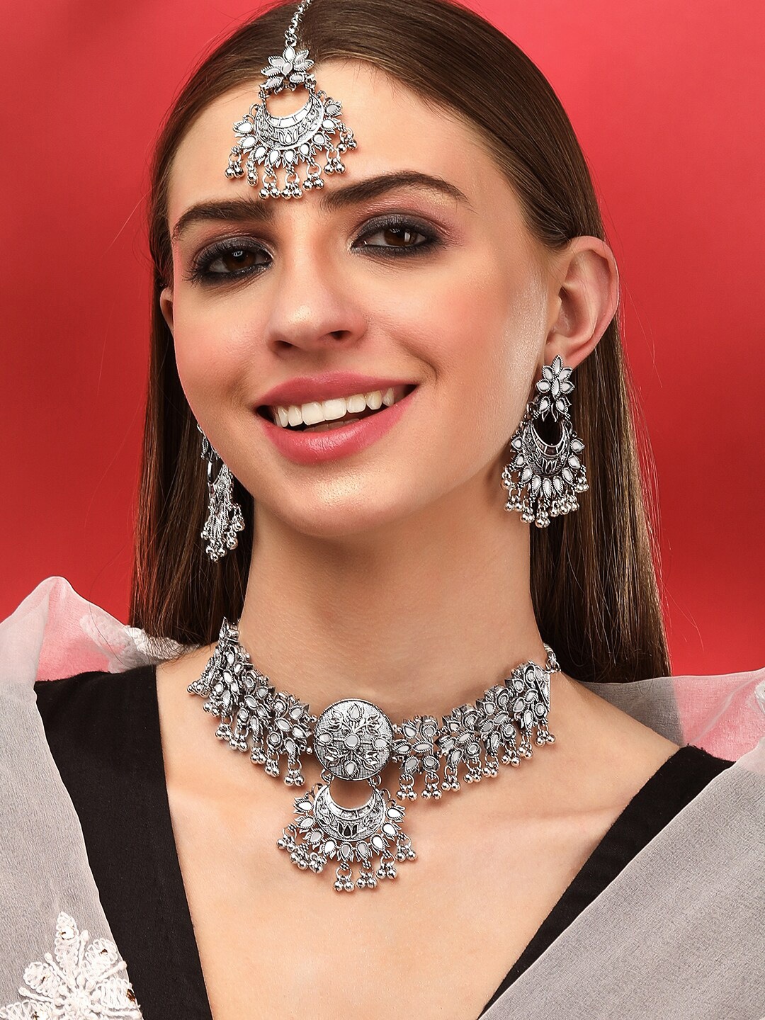 

Rubans Oxidised Silver-Plated Jewellery Set With Maang Tika