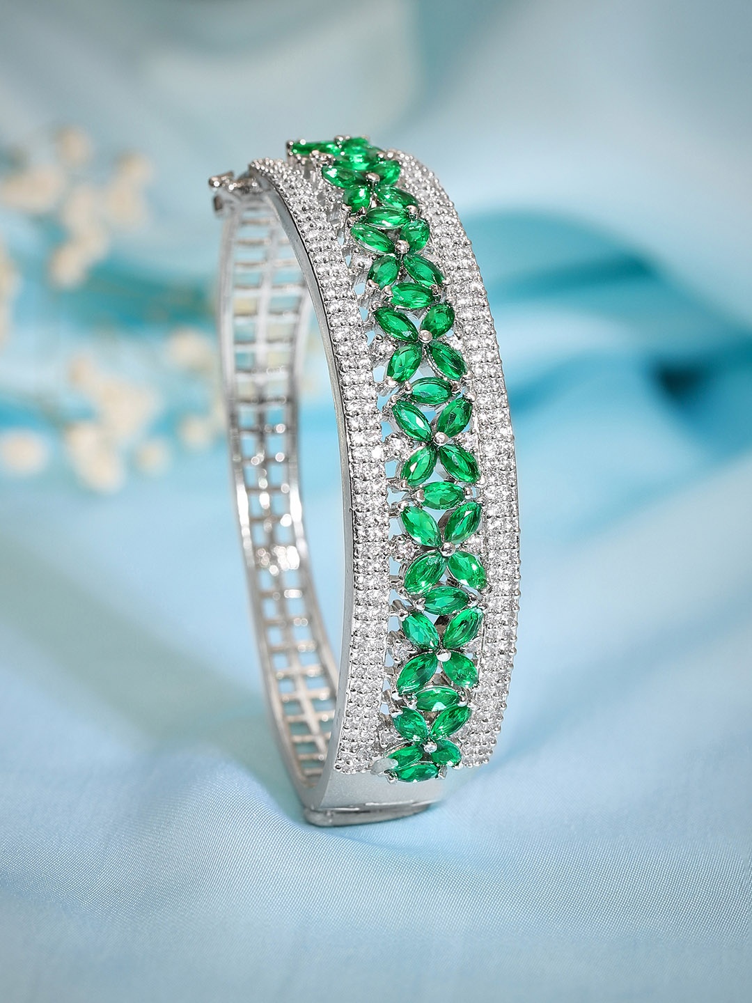 

Rubans Silver-Plated Emeralad AD & Cubic Zicronia Studded Bangle-Style Bracelet