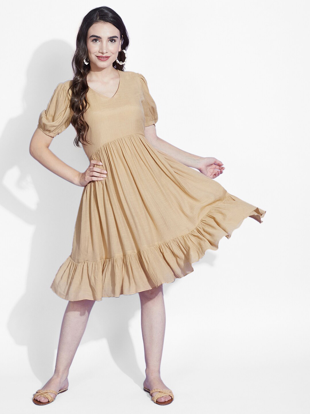 

Selvia V-Neck Linen Fit And Flare Dress, Beige