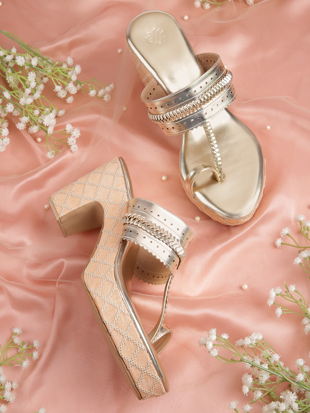 

House of Pataudi Women Ethnic Block Heel Sandals, Gold
