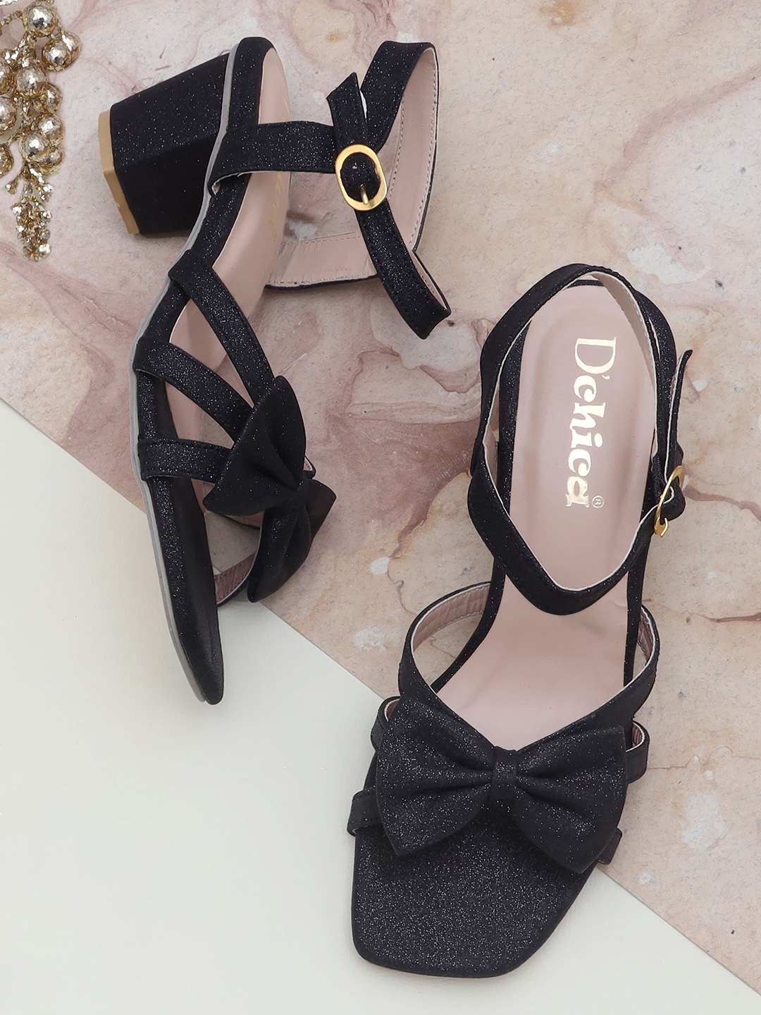 

DChica Girls Black Embellished Party Block Sandals with Buckles