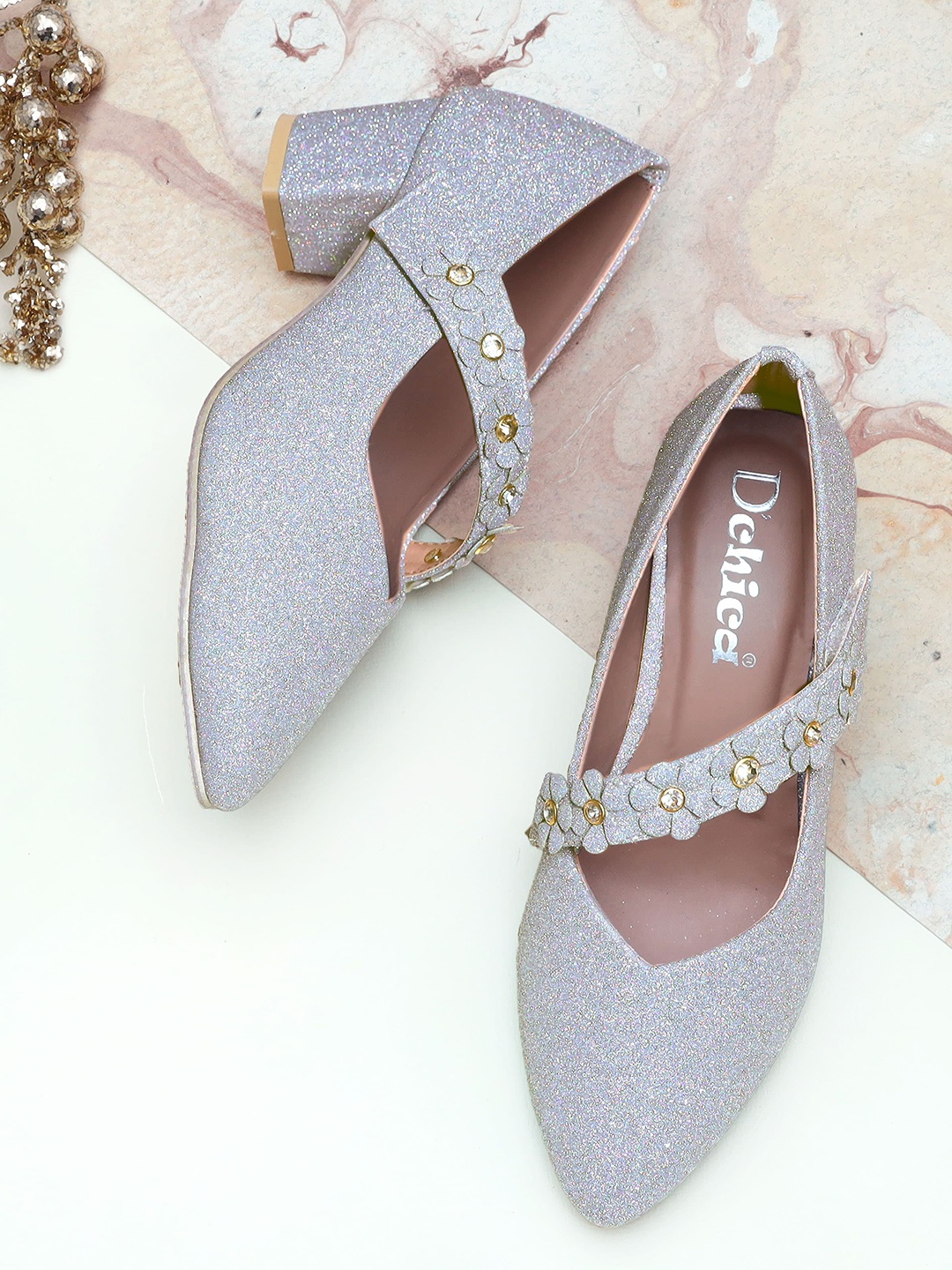 

DChica Girls Silver-Toned Embellished Party Block Pumps