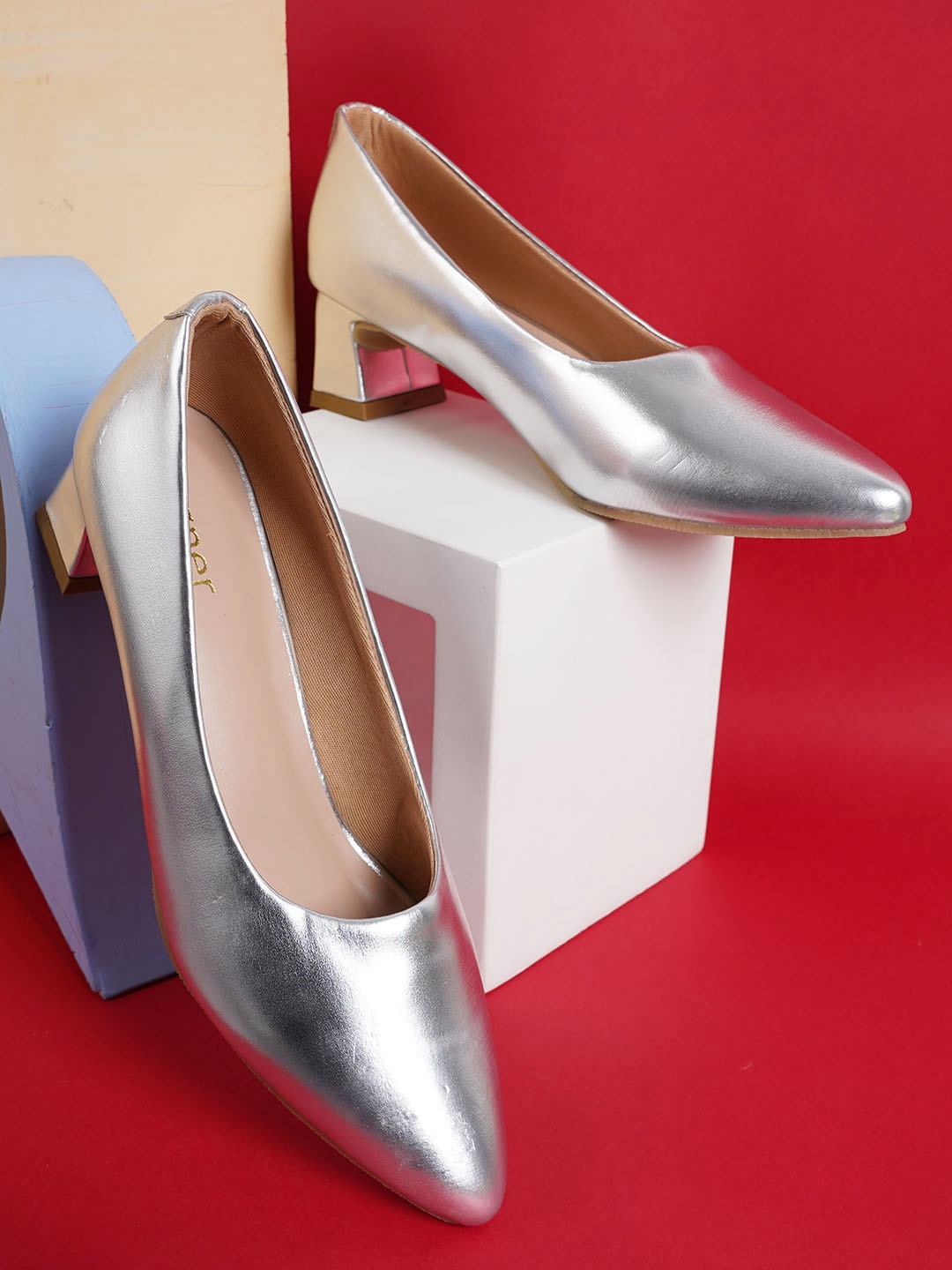 

Cogner Textured Pointed Toe Block Pumps, Silver