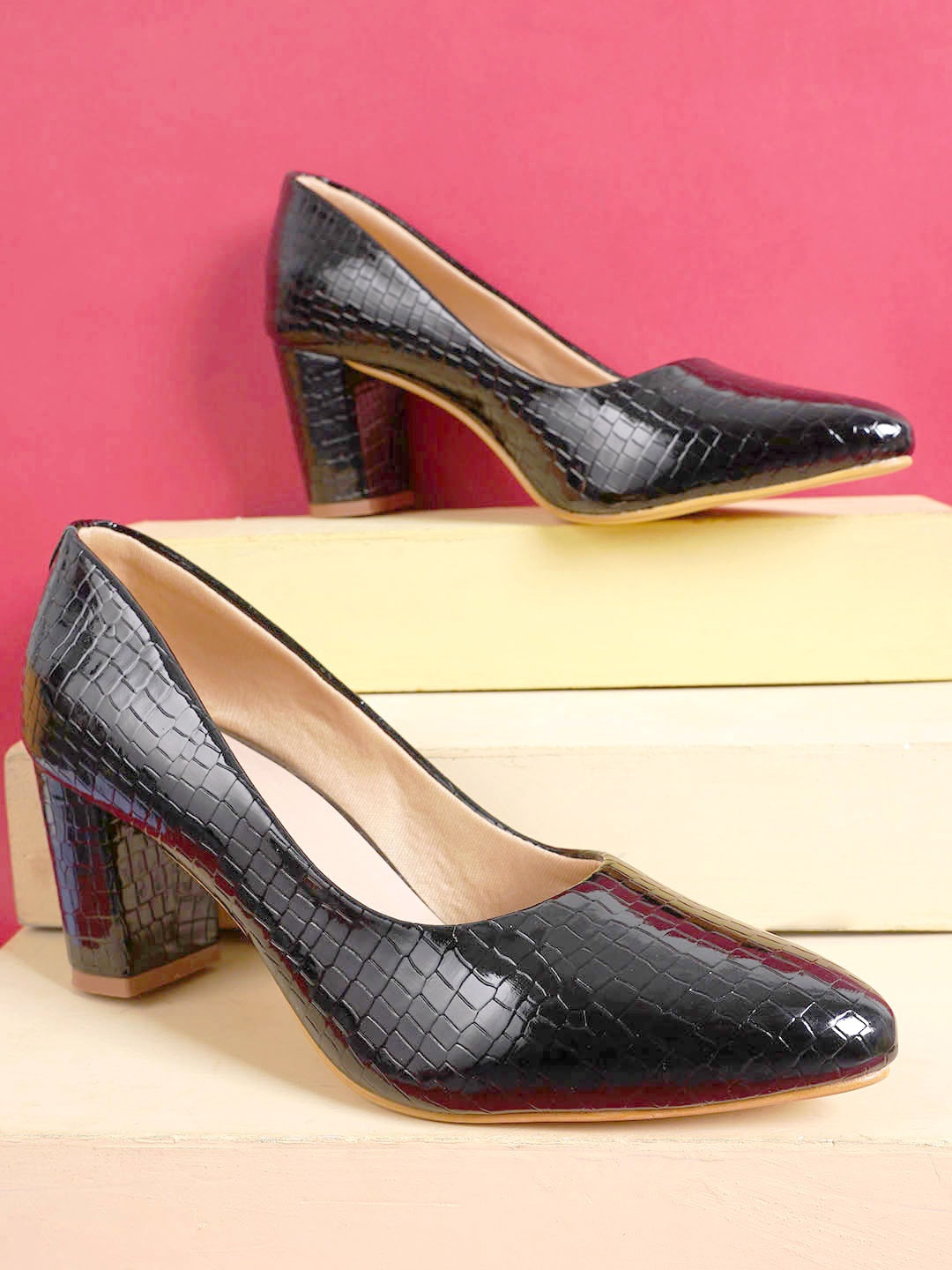

Cogner Textured Party Block Pumps, Black