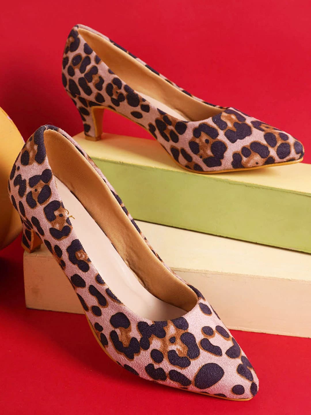 

Cogner Printed Suede Party Kitten Pumps, Peach
