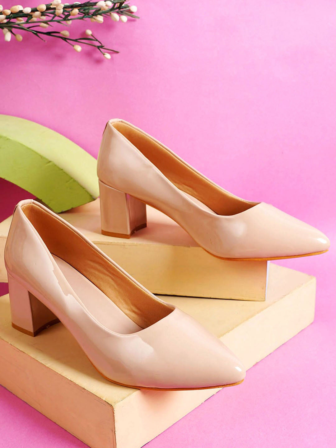 

Cogner Pointed Toe Block Pumps, Peach