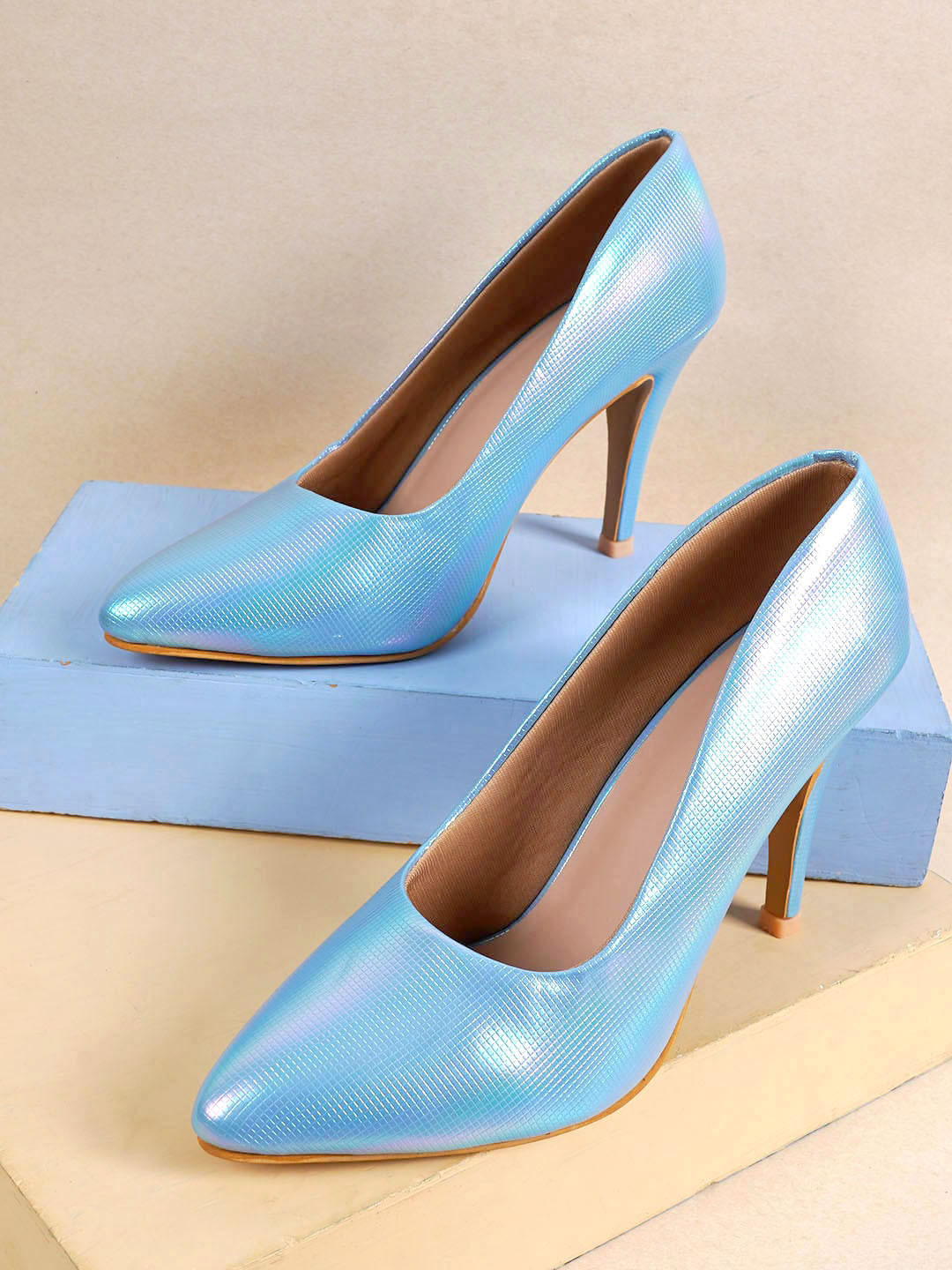 

Cogner Textured Pointed Toe Slim Pumps, Turquoise blue