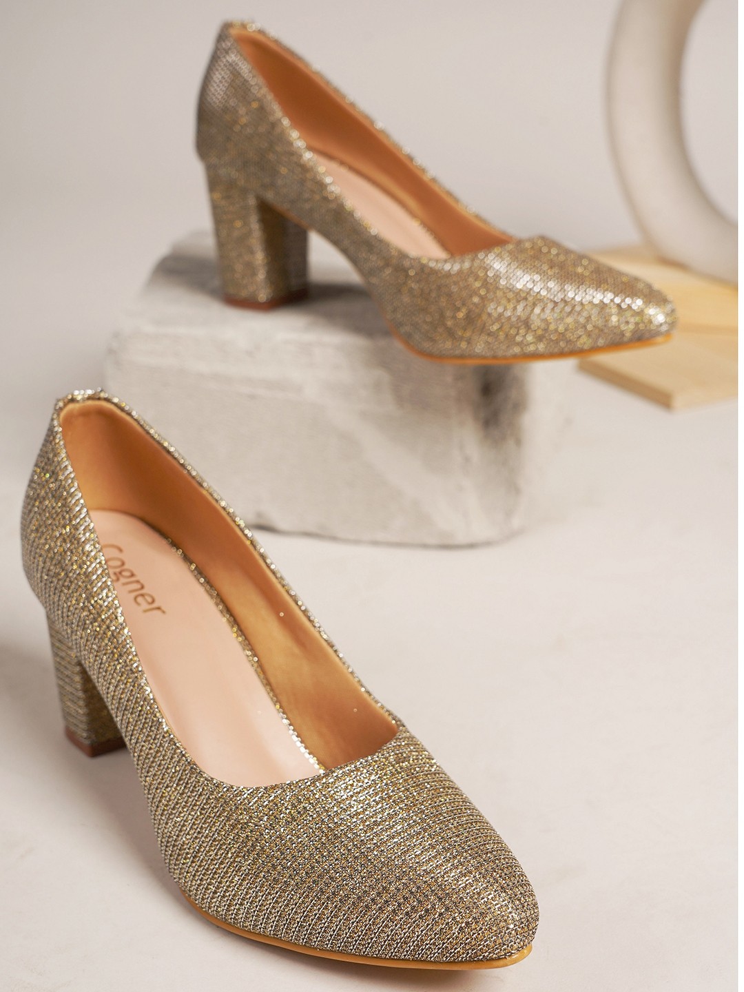 

Cogner Embellished Pointed Toe Block Pumps, Gold