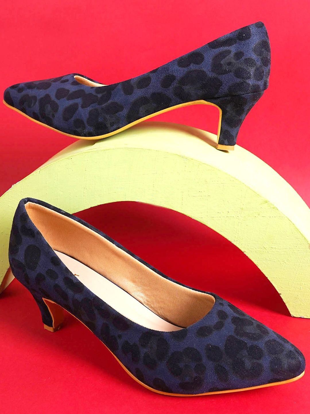 

Cogner Animal Printed Suede Kitten Pumps, Navy blue