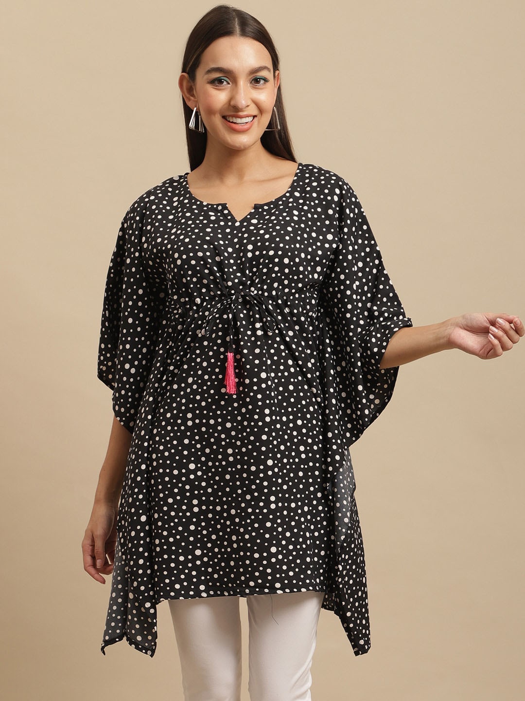 

Fabflee Polka Dot Printed Notch Neck Kaftan Top, Black