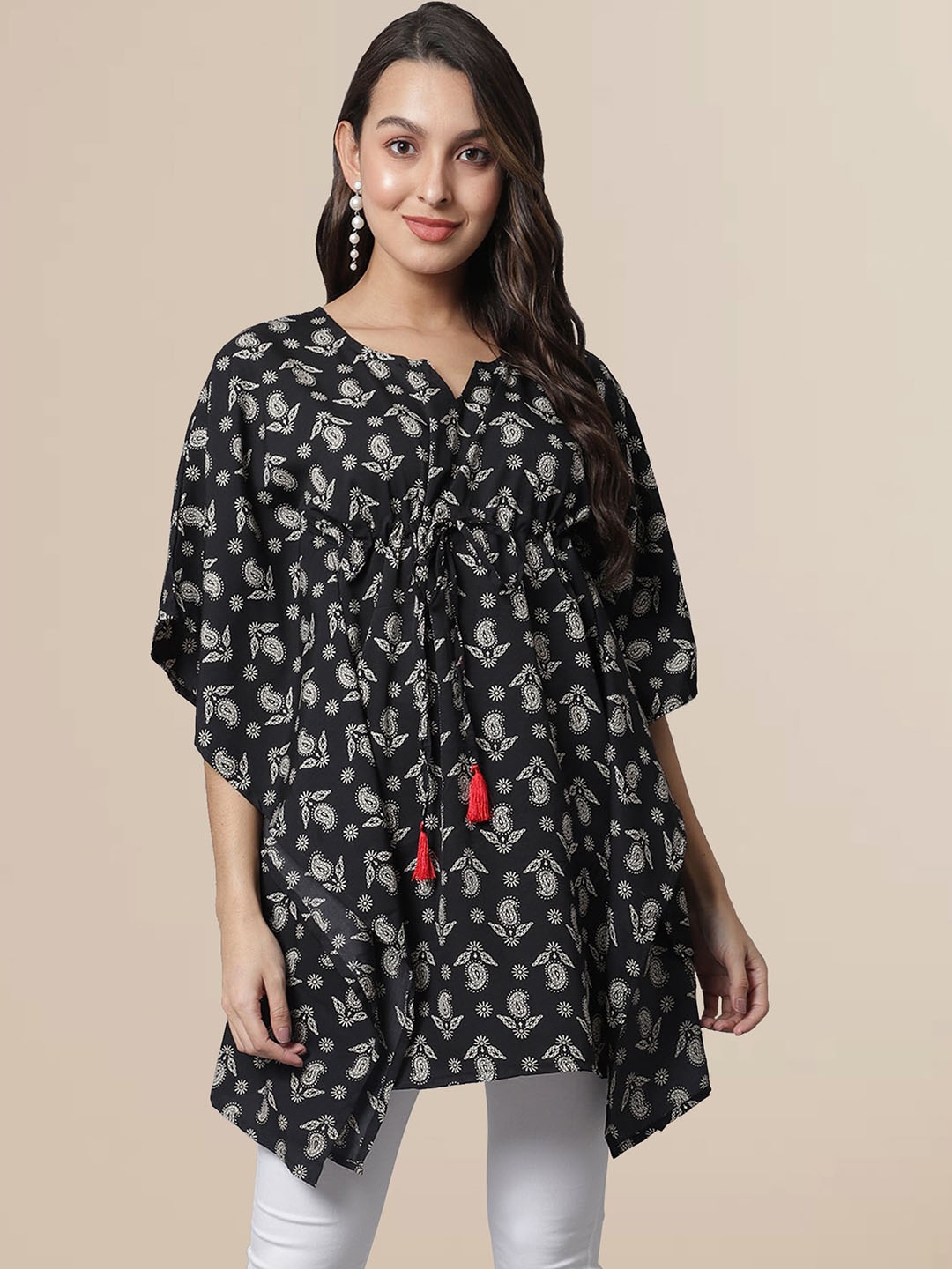 

Fabflee Ethnic Motifs Printed Notch Neck Kaftan Top, Black